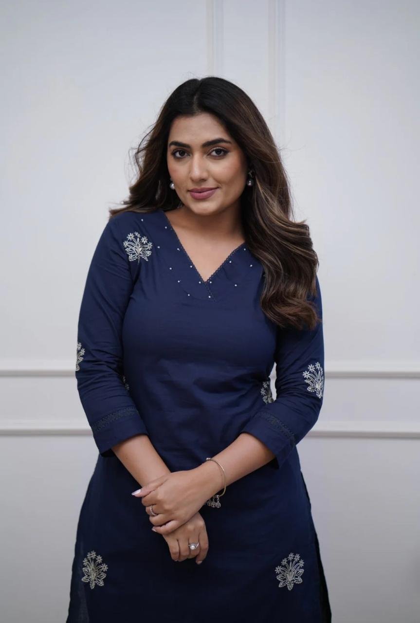 Blue Cotton Embroidered Office Wear Kurti Set